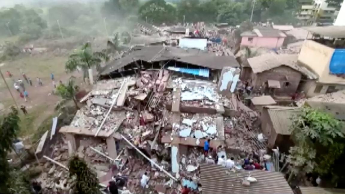 A general view shows debris of a collapsed building in Raigad in the western state of Maharashtra, India August 24, 2020 in this still image taken from video. ANI via REUTERS
