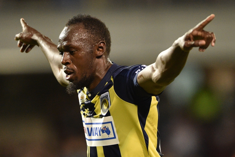  In this file photo taken on October 12, 2018 Olympic sprinter Usain Bolt celebrates scoring a goal for A-League football club Central Coast Mariners in his first competitive start for the club against Macarthur South West United in Sydney on October 12, 