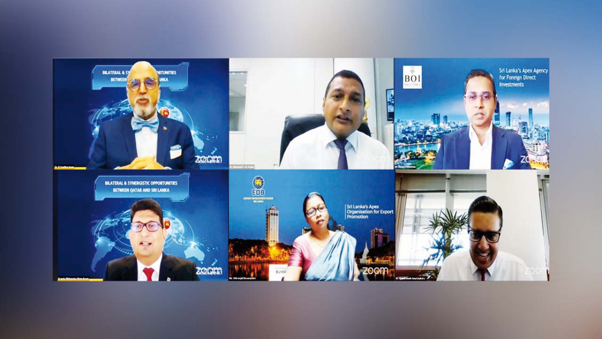 Doha Bank CEO Dr R Seetharaman (top left), and Sri Lanka Exports Development Board’s Director General Chitranjali Dissanayake, with other officials during the webinar, yesterday. 