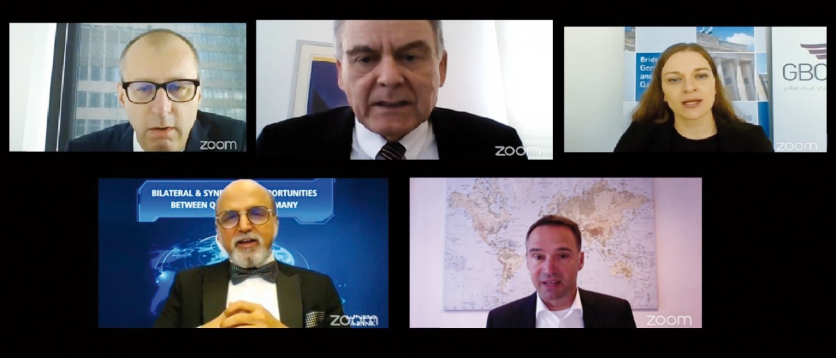 German Ambassador to Qatar, Dr Claudius Fischbach (top centre); Dr. R Seetharaman (below left), CEO of Doha Bank, and other participants at the webinar on the theme “Bilateral and Synergistic Opportunities between Qatar and Germany”,  which was hosted by 