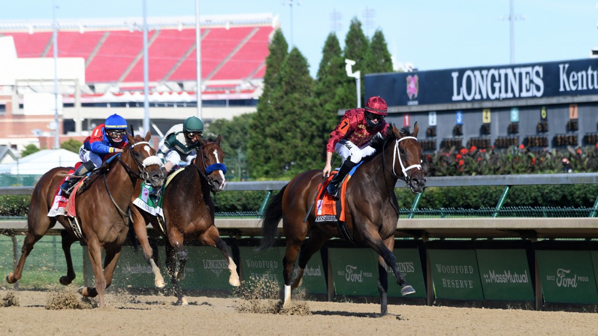 Shedaresthedevil and jockey Florent Geroux on their way to victory.