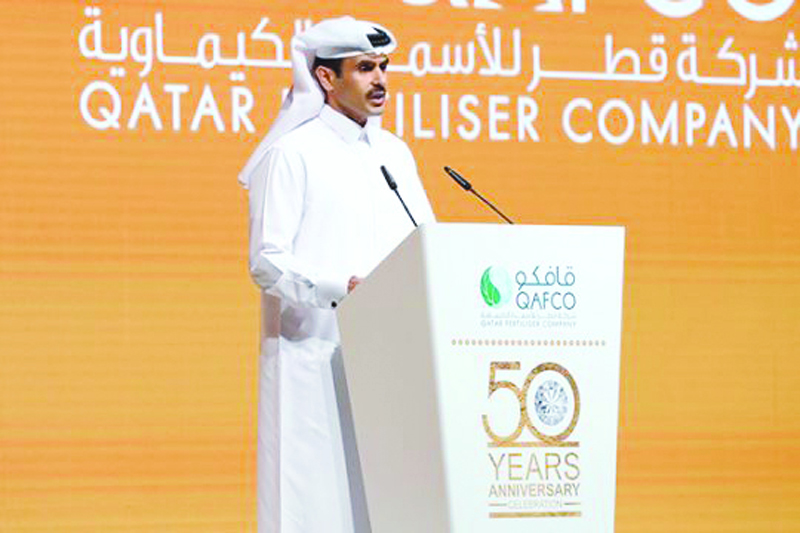 The Minister of the State for Energy Affairs, H E Saad Sherida Al Kaabi, who is also the Chairman of the Board of Directors and Managing Director of Industries Qatar (IQ), speaking at the QAFCO’s 50th anniversary celebration in this file photo late last y