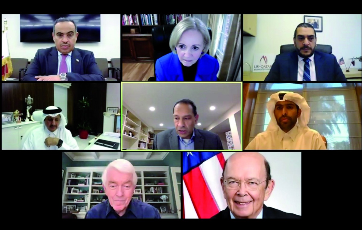 Minister of Commerce and Industry H E Ali bin Ahmed Al Kuwari (top left) speaking during the ‘Private Sector Engagement’ event held on the sidelines of the third Qatar-US Strategic Dialogue through video conferencing technology, yesterday. 
