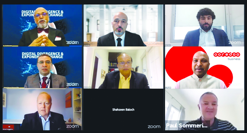 A screen grab of Doha Bank CEO Dr. R Seetharaman (top left) with other business and technology leaders who participated in the webinar, yesterday.