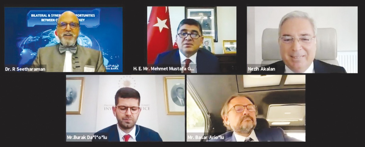 Turkish Ambassador to Qatar, Mehmet Mustafa Goksu (top centre); Doha Bank CEO Dr. R Seetharaman (top left), and other officials during the webinar hosted by Doha Bank, yesterday. 