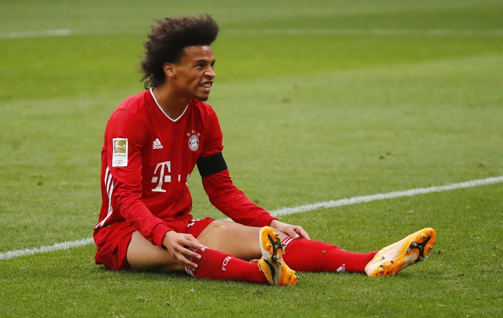 September 27, 2020 Bayern Munich's Leroy Sane reacts.REUTERS/Wolfgang Rattay DFL 
