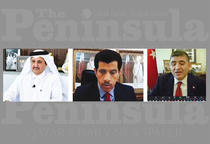 FROM LEFT: Qatar Chamber Chairman Sheikh Khalifa bin Jassim Al Thani; Qatar’s Ambassador to Turkey H E Salem bin Mubarak Al Sha?; and Turkey’s Ambassador to Qatar H E Mehmet Mustafa Göksu speaking during the Qatar-Turkey Business Forum held virtually, yes