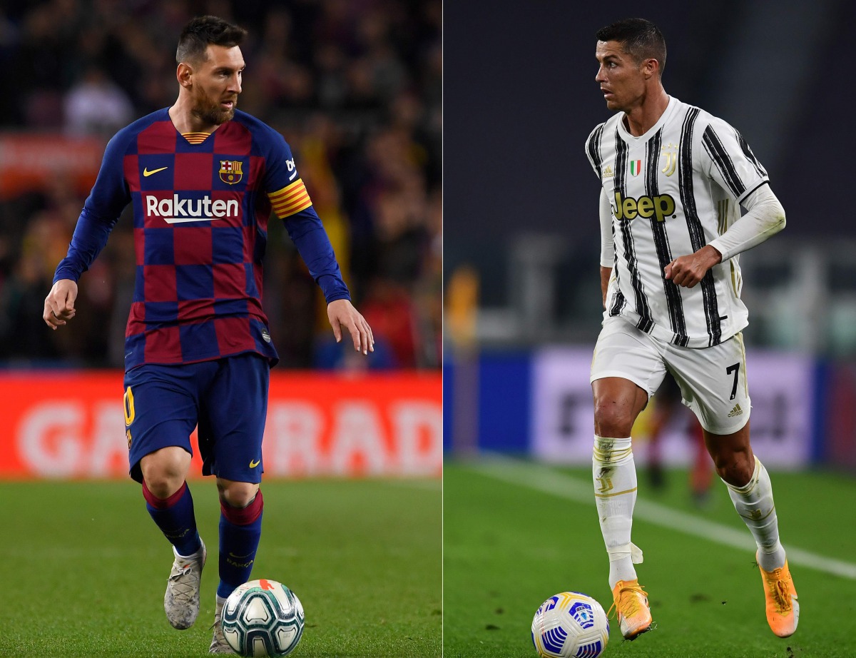 (COMBO) This combination created on October 1, 2020 shows file pictures of Barcelona's Argentine forward Lionel Messi (L) controls the ball during the Spanish league football match between FC Barcelona and RC Celta de Vigo at the Camp Nou stadium in Barce