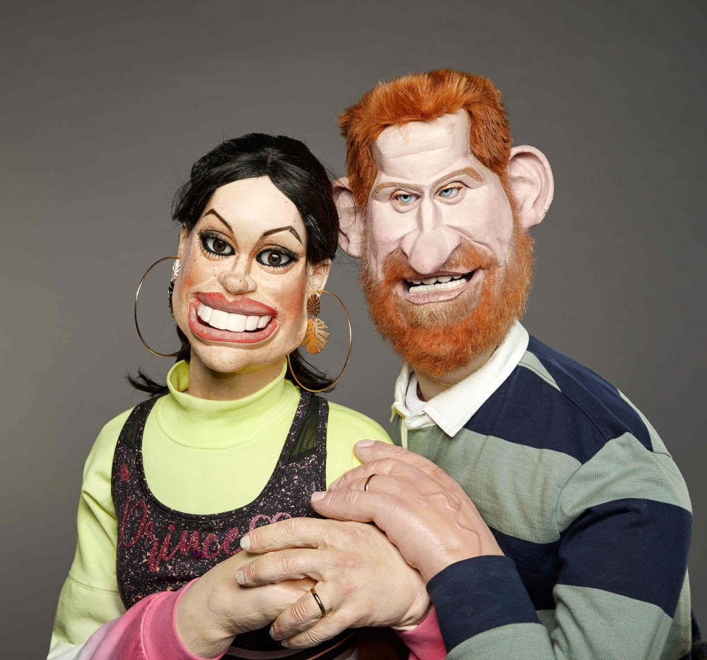 A handout picture by Avalon/Britbox shows foamed latex models of Britain's Meghan, Duchess of Sussex and Britain's Prince Harry, Duke of Sussx created for the return of the British satirical show Splitting Image. AFP Photo / Avalon Britbox / Mark Harrison