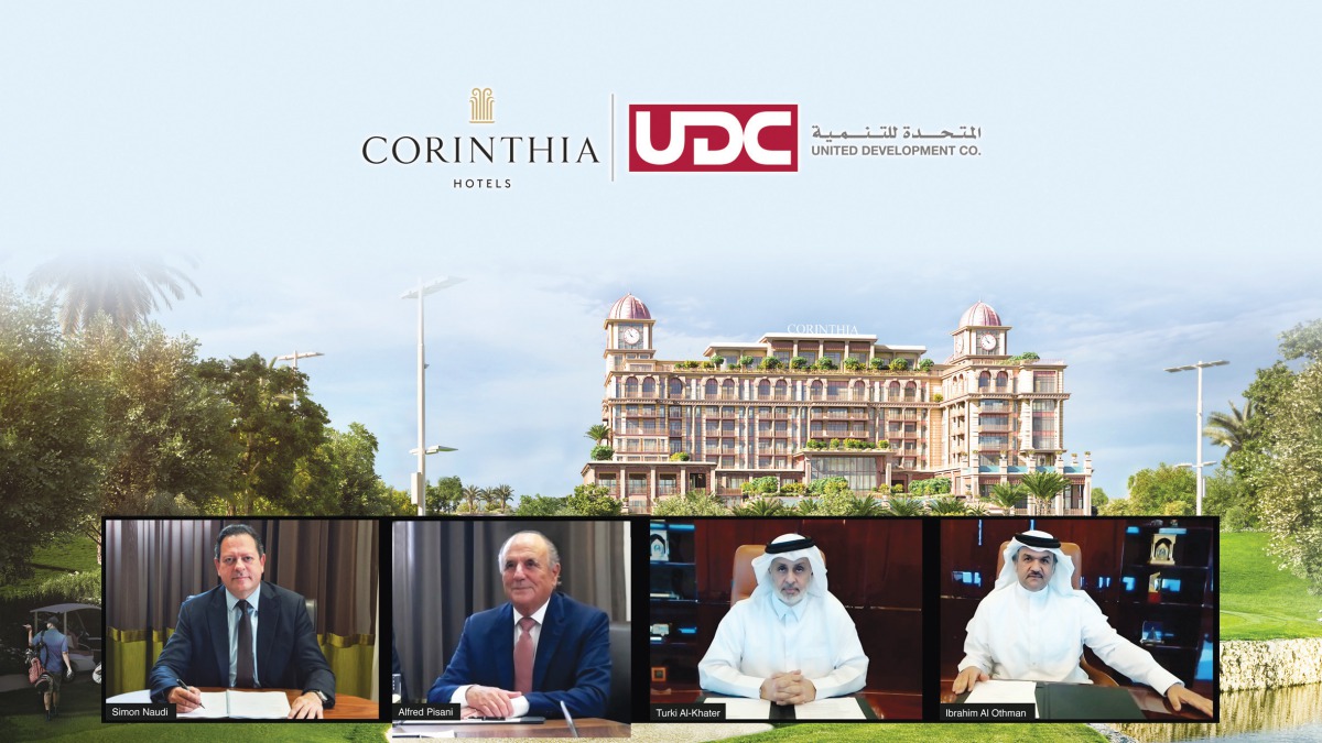 UDC Chairman Turki bin Mohammed Al Khater (second right); Ibrahim Jassim Al Othman (right), UDC President and CEO and Member of the UDC Board; Alfred Pisani (second left), Founder and Chairman of Corinthia Hotels; and Simon Naudi, CEO of Corinthia Hotels,