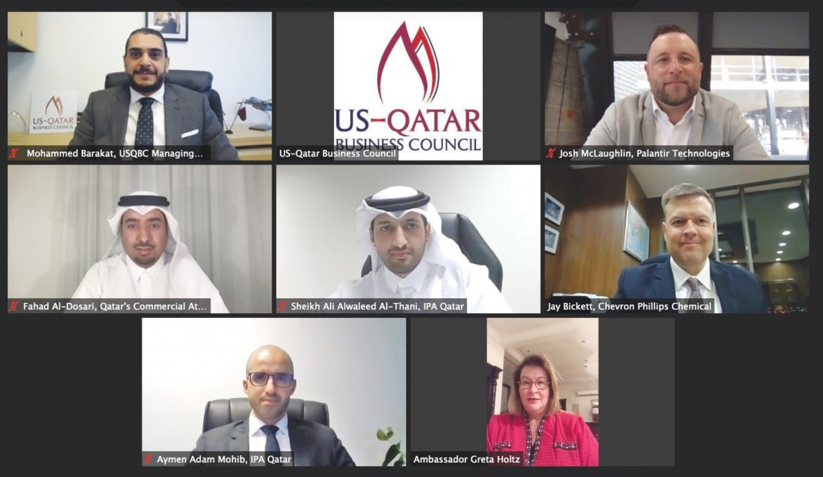 Chargé d’Affaires of the US Embassy in Qatar, Ambassador Greta Holtz; IPA Qatar CEO, Sheikh Ali Alwaleed Al Thani; and other officials during the virtual panel discussion co-hosted by the Investment Promotion Agency Qatar (IPA Qatar) and the US-Qatar Busi