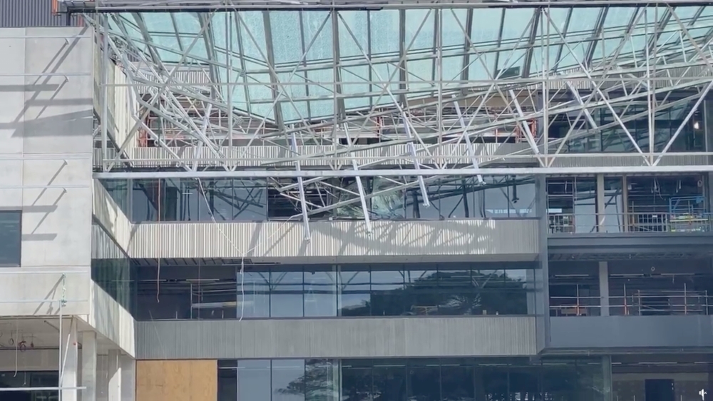A collapsed building at Curtin University in Perth, Australia October 13, 2020 is seen in this screen grab obtained from a social media video. Wamn News/via REUTERS