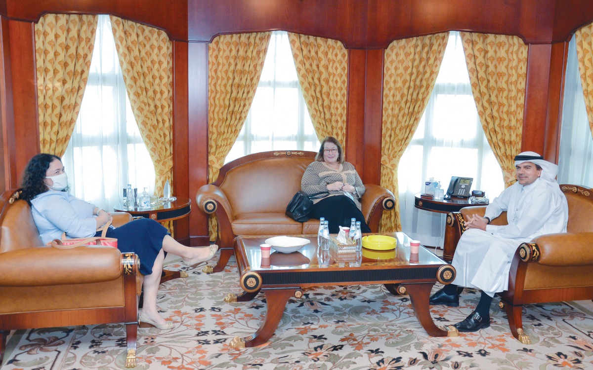 Chargé d’Affaires of the US Embassy in Doha, Ambassador H E Greta C Holtz (centre); Dr. Abdulbasit Ahmad Al Shaibei, CEO of QIIB; and a member of the US delegation to Qatar, during a meeting at QIIB headquarters in Doha, yesterday.