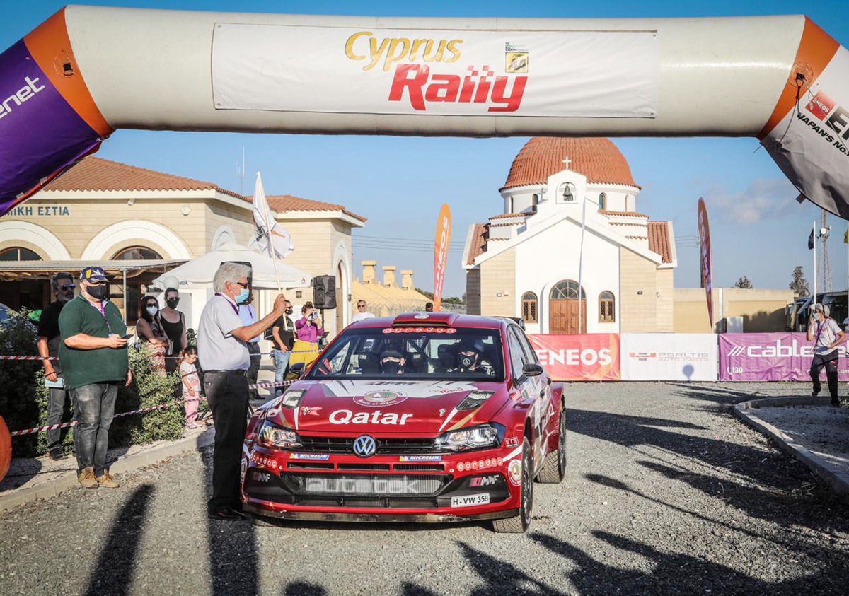 Qatar's Nasser Al Attiyah and co-driver Matthieu Baumel of France during the ceremonial flag off of the Cyprus Rally in Nicosia, Cypress, yesterday.
