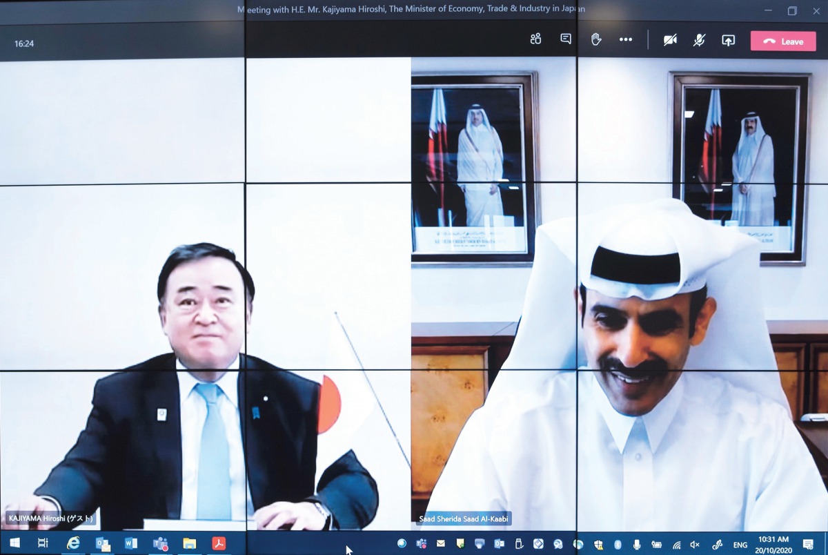 The Minister of State for Energy Affairs, H E Saad Sherida Al Kaabi (right), speaking with Japan’s Minister of Economy, Trade & Industry, H E Kajiyama Hiroshi, virtually, yesterday.  