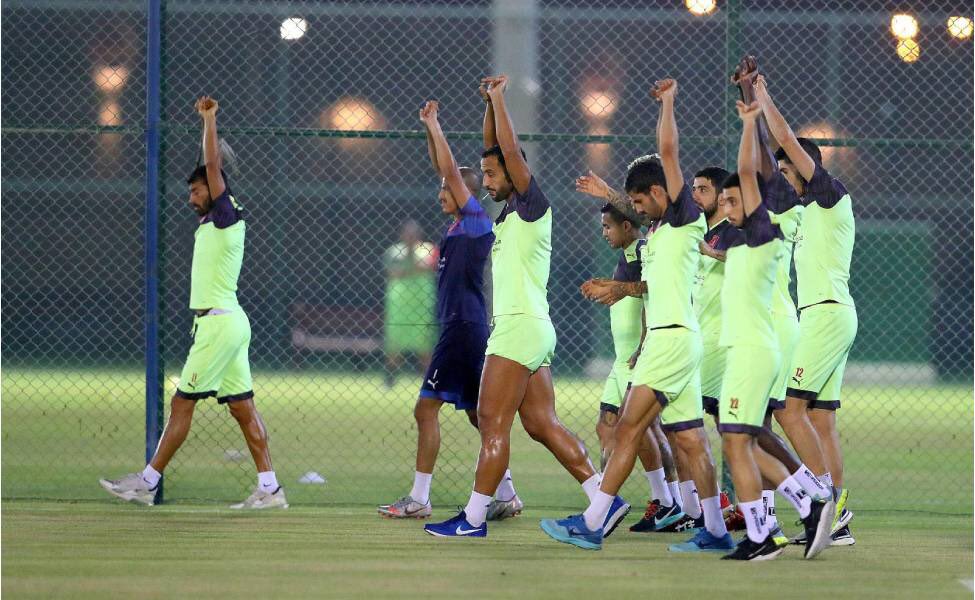 Al Duhail players during a practice session yesterday.