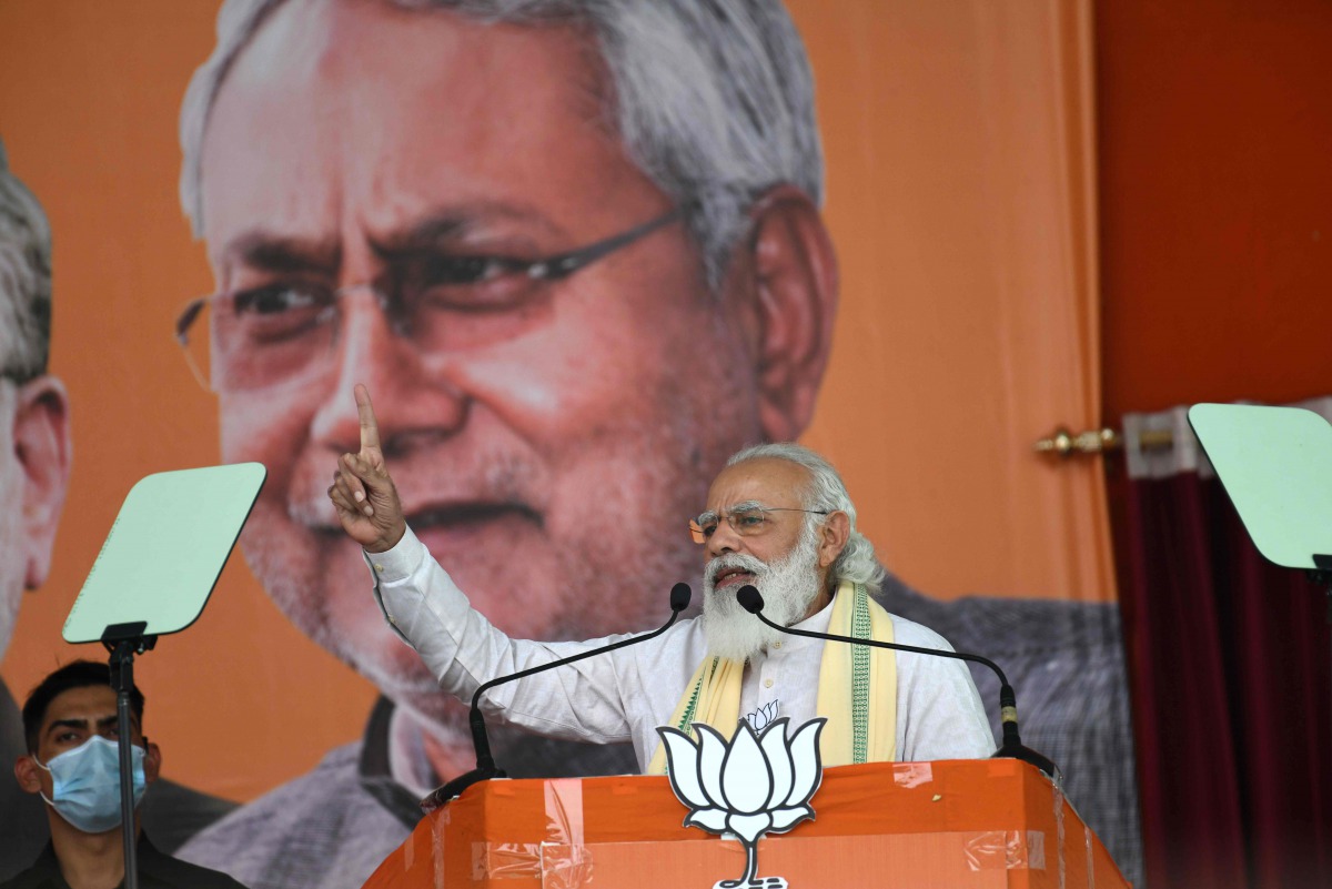 India's Prime Minister Narendra Modi gestures as he addresses an election rally in Rohtas district of Bihar state, on October 23, 2020. / AFP / Sachin KUMAR