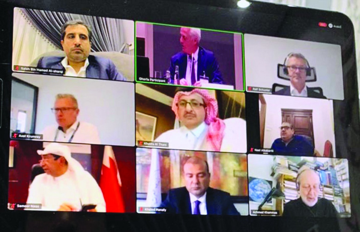 Qatar Chamber Chairman Sheikh Khalifa bin Jassim Al Thani (centre) and other participants during a meeting of Arab-German Chamber of Commerce and Industry, which was held recently via video conference.
