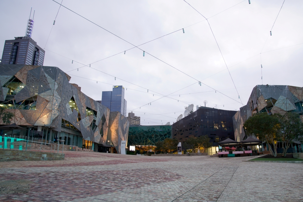Federation Square is seen devoid of people after Melbourne, Australia, returned to a stage-three lockdown as part of efforts to curb a resurgence of the coronavirus disease (COVID-19), July 23, 2020. REUTERS/Sandra Sanders/File Photo