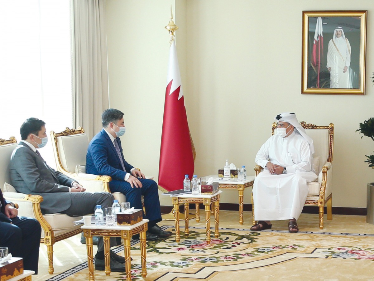 Minister of Commerce and Industry, H E Ali bin Ahmed Al Kuwari, during a meeting with Kazakhstan Minister of Ecology, Geology and Natural Resources, H E Magzum Mirzagaliyev, and other officials.