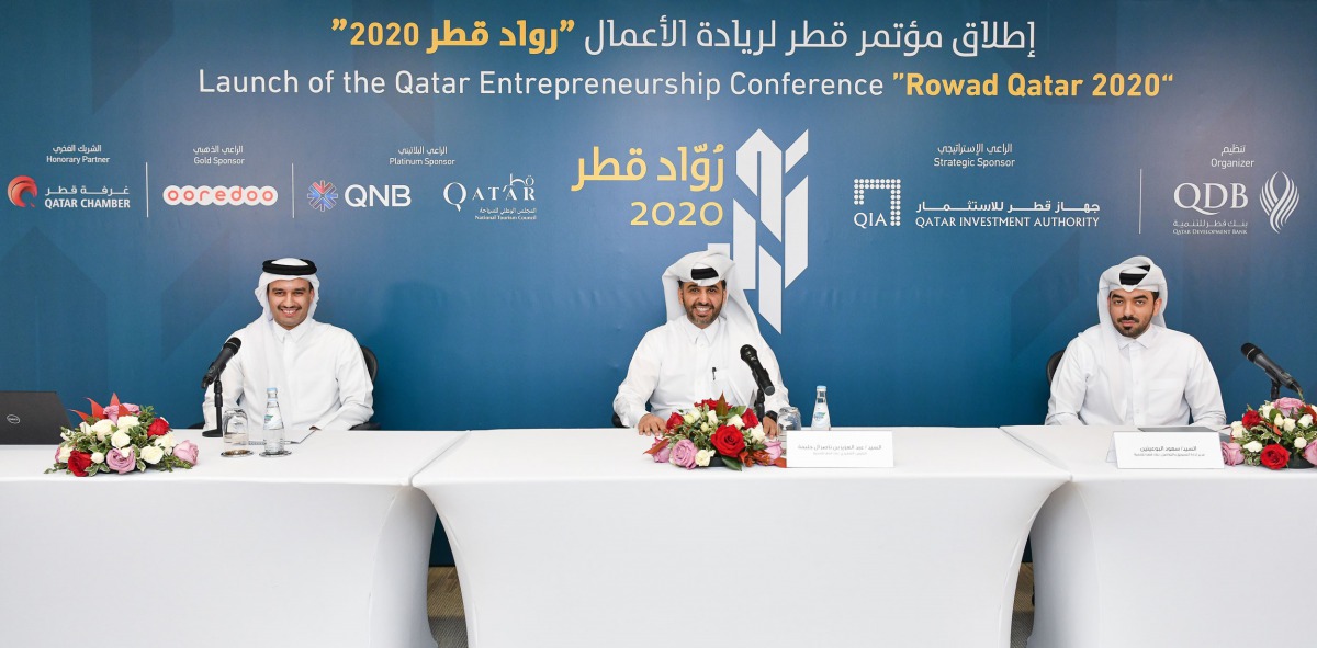 QDB CEO Abdulaziz bin Nasser Al Khalifa (centre) and QDB Head of Marketing and Communications Soud Al Boinin (right) addressing a virtual press conference, in Doha yesterday.