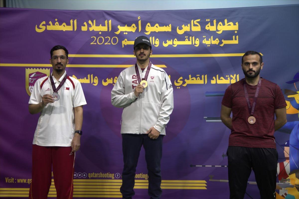 The podium winners of the 10m Air Pistol event, Ahmed Al Shammari (gold), Ali Hassan (silver) and Osama Al Shaiba (bronze), posing for a photograph at the Lusail Complex yesterday.