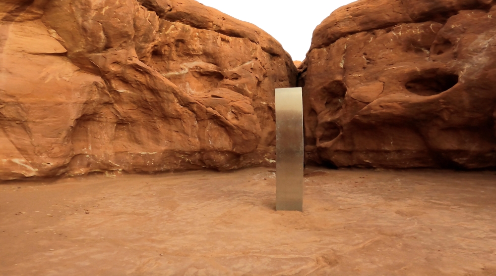 A metal monolith is seen in Red Rock Desert, Utah, U.S., November 25, 2020, in this still image obtained from a social media video. @davidsurber_ via REUTERS