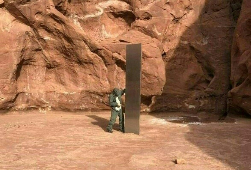 This file video grab image obtained November 24, 2020, courtesy of the Utah Department of Public Safety Aero Bureau shows a mysterious metal monolith that was discovered in Utah after public safety officers spotted the object while conducting a routine wi
