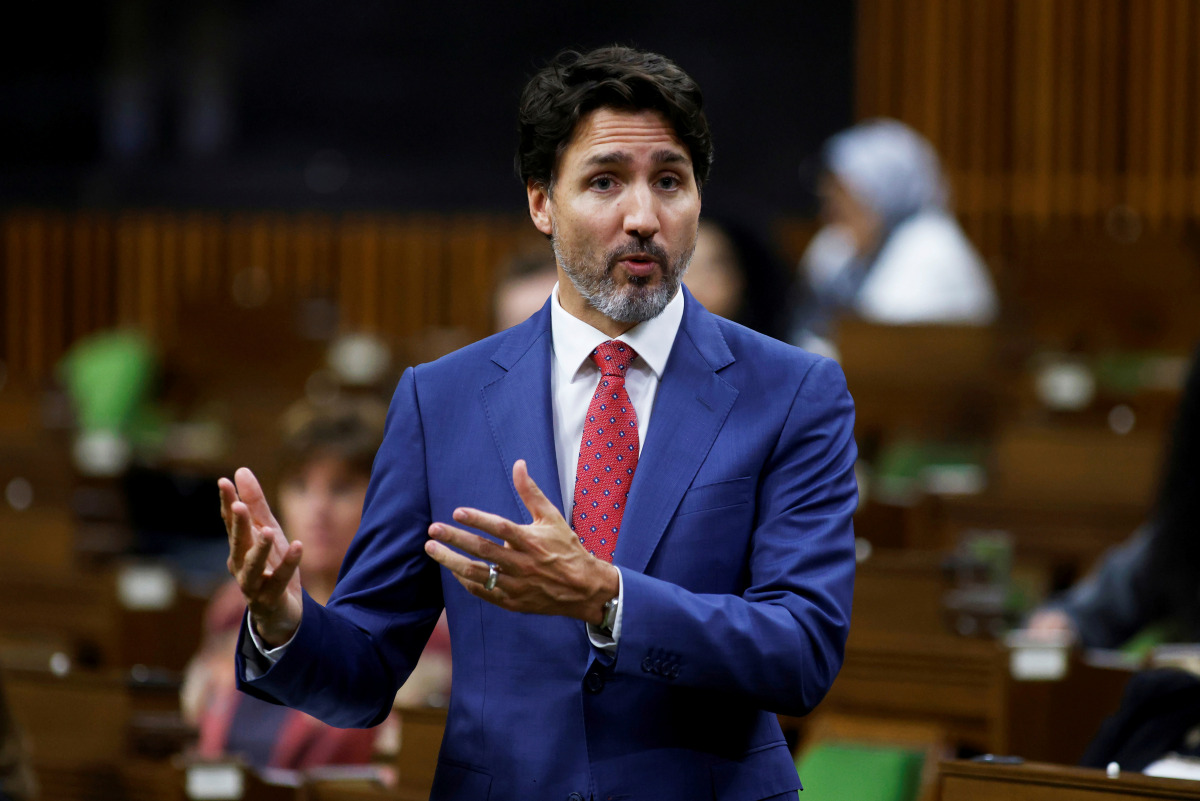 FILE PHOTO: Canada's Prime Minister Justin Trudeau speaks during Question Period in the House of Commons on Parliament Hill in Ottawa, Ontario, Canada October 21, 2020. REUTERS/Blair Gable/File Photo

