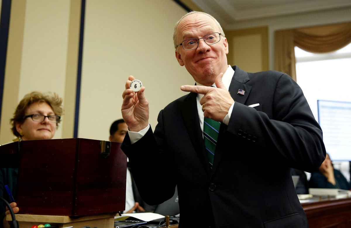 FILE PHOTO: Representative-elect Ron Wright (R-TX) reacts to drawing number 6 during a lottery for office assignments on Capitol Hill in Washington, U.S., November 30, 2018. REUTERS/Joshua Roberts/File Photo
