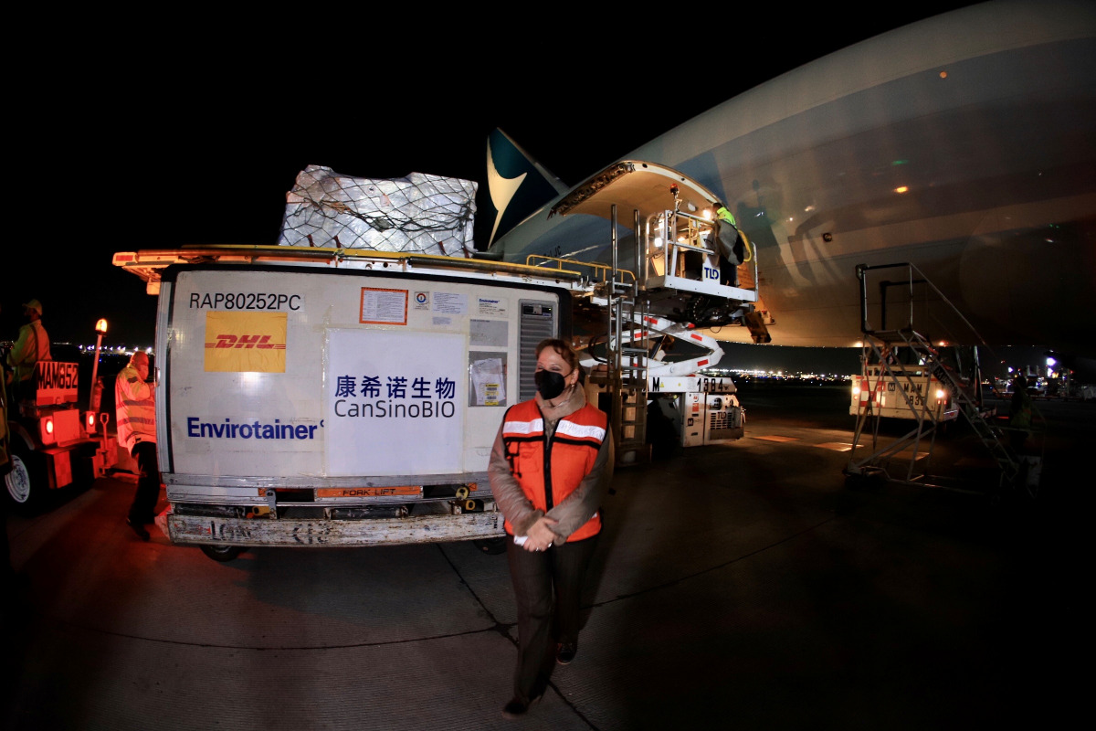 Deputy Foreign Minister Martha Delgado attends the arrival of a container transporting the active ingredient for 2 million doses of China's CanSino COVID-19 vaccine at the Benito Juarez International airport, amid coronavirus disease (COVID-19) pandemic, 
