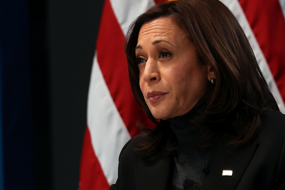 Vice President Kamala Harris hosts a virtual town hall on provisions of the Biden administration’s American Rescue Plan targeting aid to women and families, in the Eisenhower Executive Office Buiilding at the White House in Washington, U.S., February 18, 