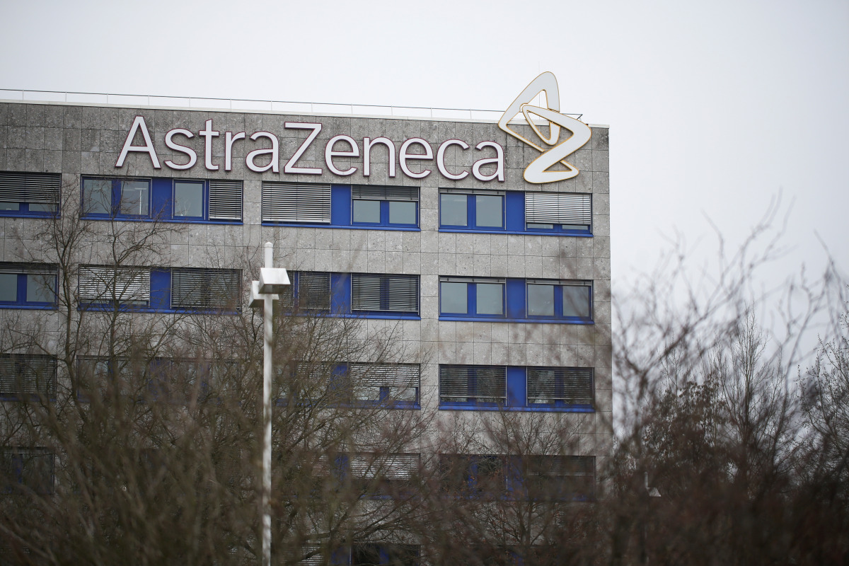 The logo of the German branch of British-Swedish pharmaceutical company AstraZeneca is pictured in Wedel near Hamburg, Germany, March 1, 2021. REUTERS/Cathrin Mueller
