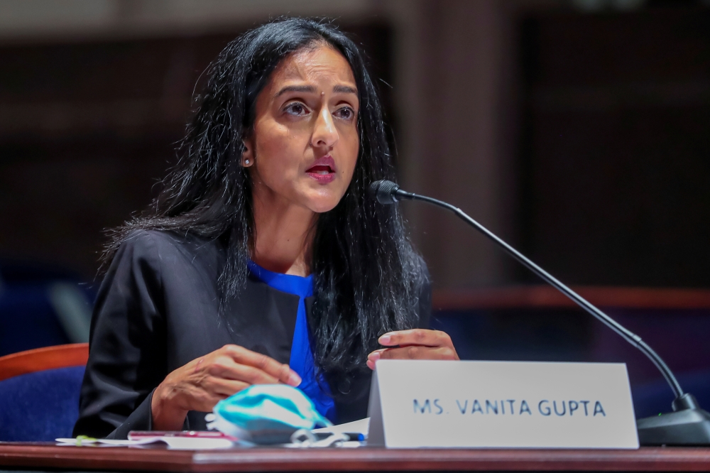 File photo: President of the Leadership Conference on Civil and Human Rights Vanita Gupta speaks during the House Judiciary Committee hearing on Policing Practices and Law Enforcement Accountability at the US Capitol in Washington, DC, U.S. June 10, 2020.