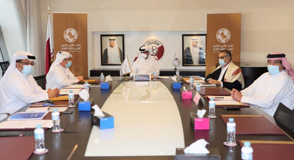 Sheikh Hamad bin Khalifa bin Ahmed Al Thani, President of the Qatar Football Association (QFA) and Arab Gulf Cup Football Federation (AGCFF) chairing a meeting of the Federation’s Executive Office. Officials also attended the meeting virtually.  