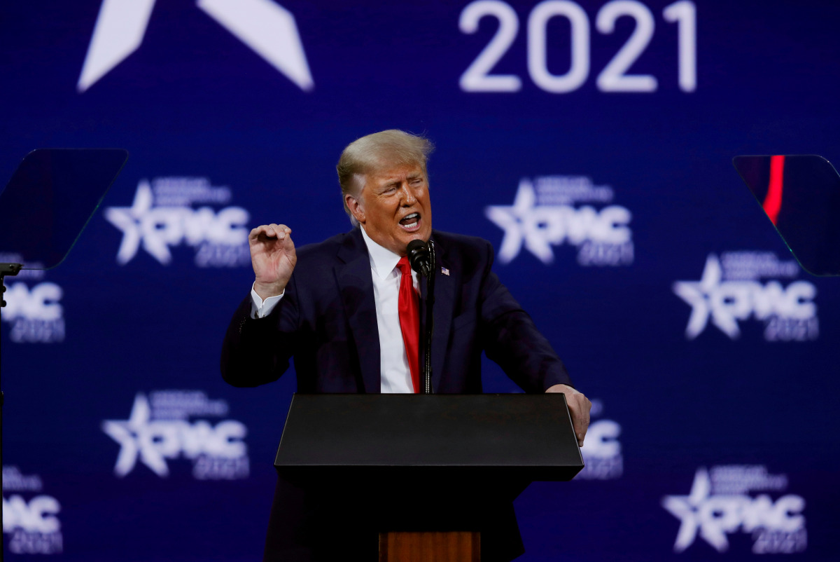 FILE PHOTO: Former U.S. President Donald Trump speaks at the Conservative Political Action Conference (CPAC) in Orlando, Florida, U.S. February 28, 2021. REUTERS/Joe Skipper/File Photo
