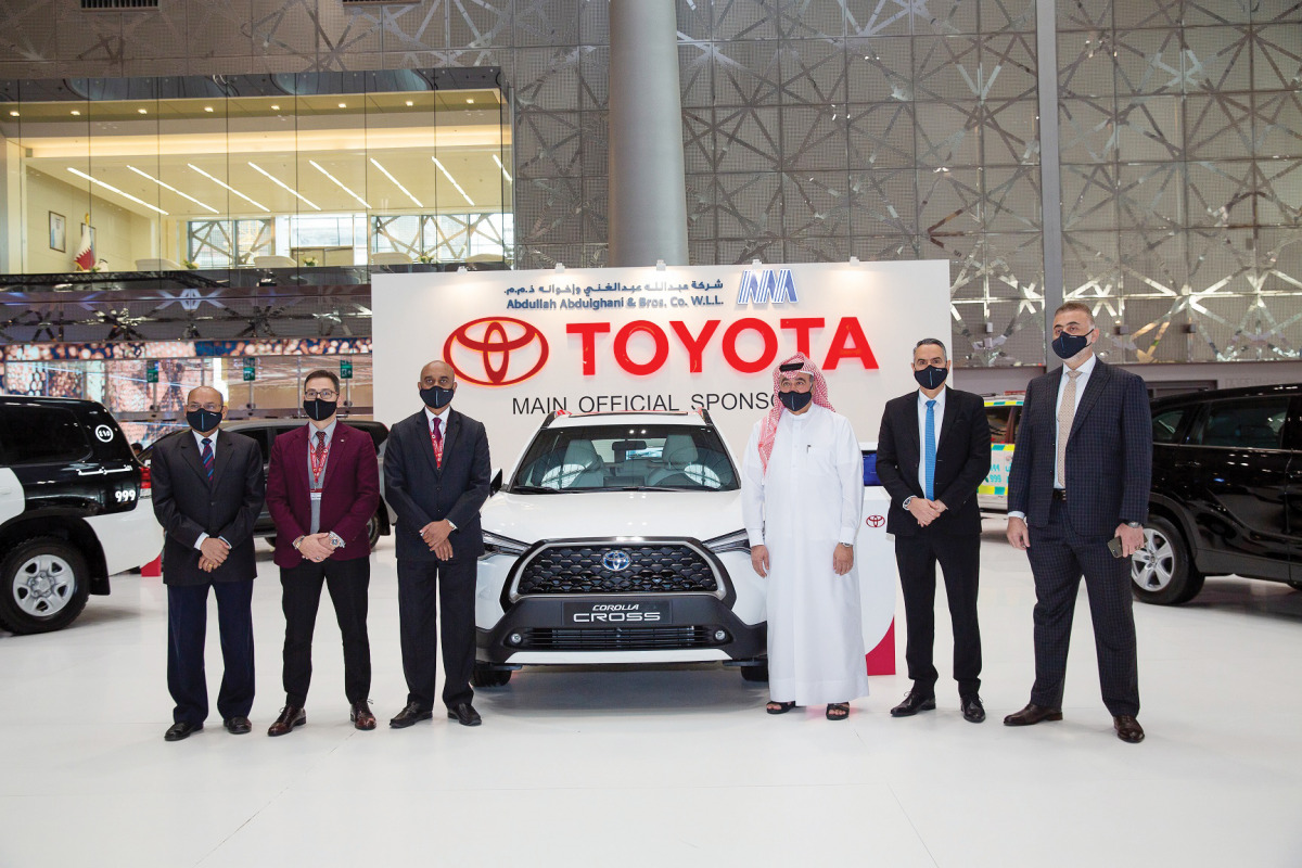 AAB Chairman Abdulrahman Abduljaleel Al Abdulghani (third right), AAB Acting CEO R K Murugan (third left), and the AAB Senior Management officials during the launch of the all-new Electric Hybrid Corolla Cross at Milipol Qatar 2021 in Doha, recently. 