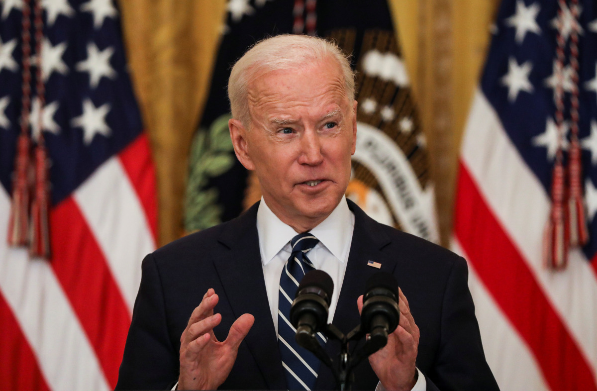 U.S. President Joe Biden holds his first formal news conference in the East Room of the White House in Washington, U.S., March 25, 2021. REUTERS/Leah Millis
