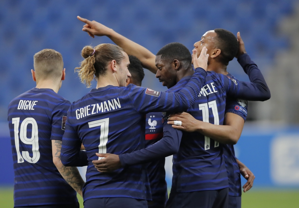 France's Ousmane Dembele celebrates scoring their first goal with teammates REUTERS/Vasily Fedosenko