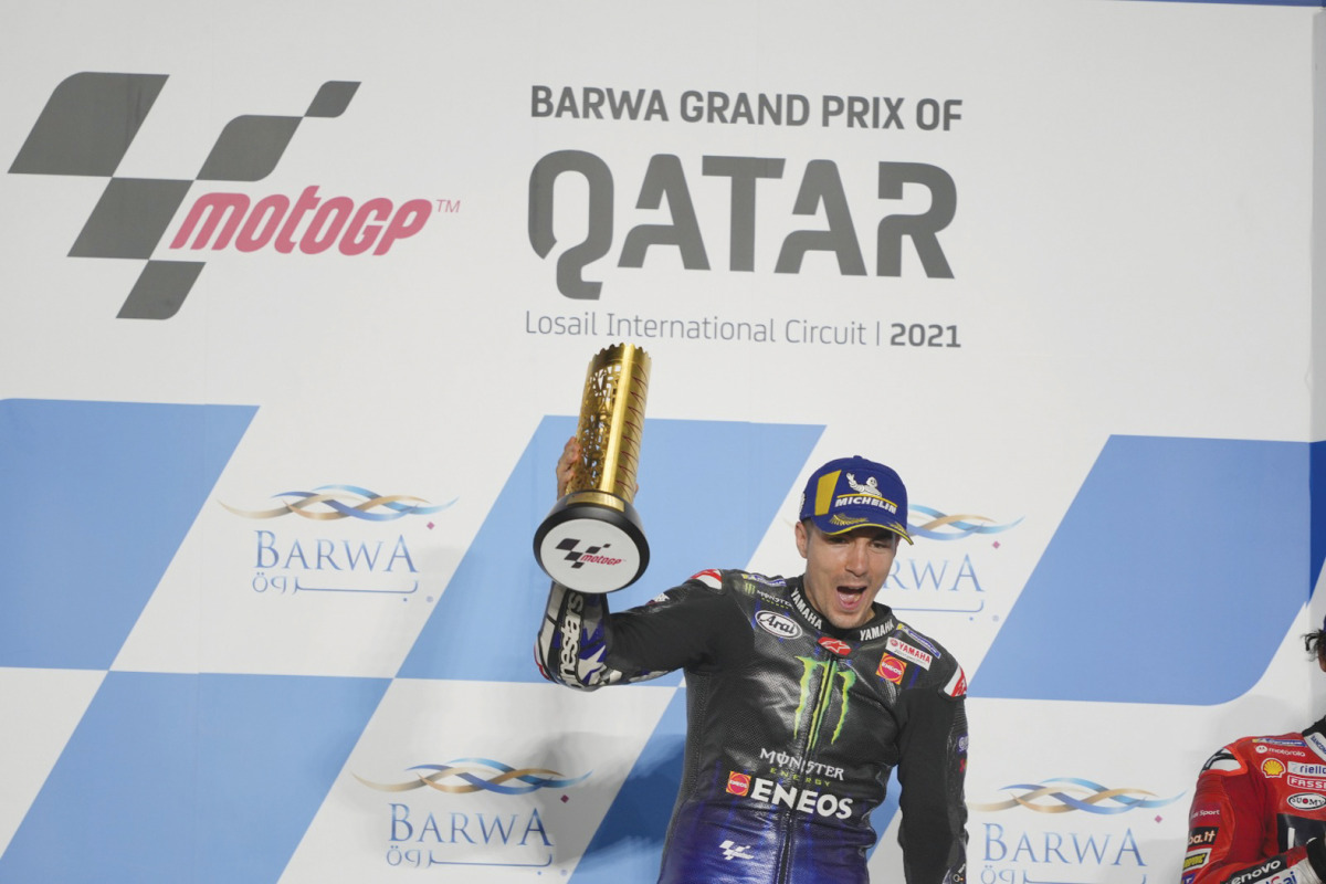 Monster Energy Yamaha MotoGP's Spanish rider Maverick Vinales celebrates after winning the MotoGP Barwa Grand Prix of Qatar at the Losail International Circuit, yesterday. 