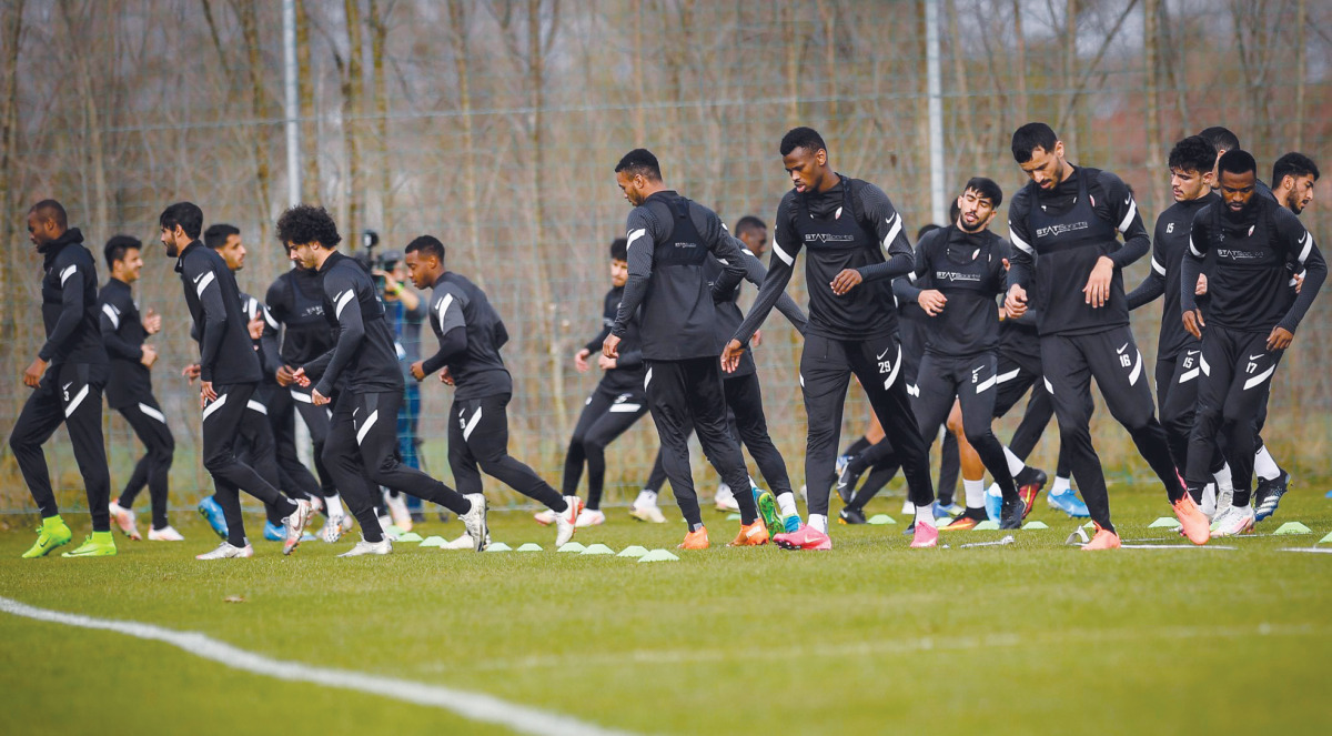 Qatari players during a training session yesterday as they prepare for their third European Qualifying match in Debrecen, Hungary. The Asian champions who have won both of their FIFA World Cup Qatar 2022 European Qualifiers so far, will take on Republic o