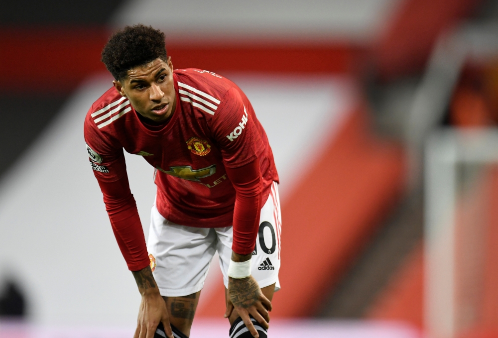March 14, 2021 Manchester United's Marcus Rashford reacts Pool via REUTERS/Peter Powell