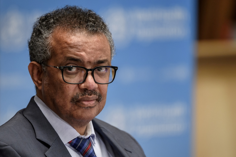 World Health Organization (WHO) Director-General Tedros Adhanom Ghebreyesus attends a news conference organized by Geneva Association of United Nations Correspondents (ACANU) amid the COVID-19 outbreak, caused by the novel coronavirus, at the WHO headquar