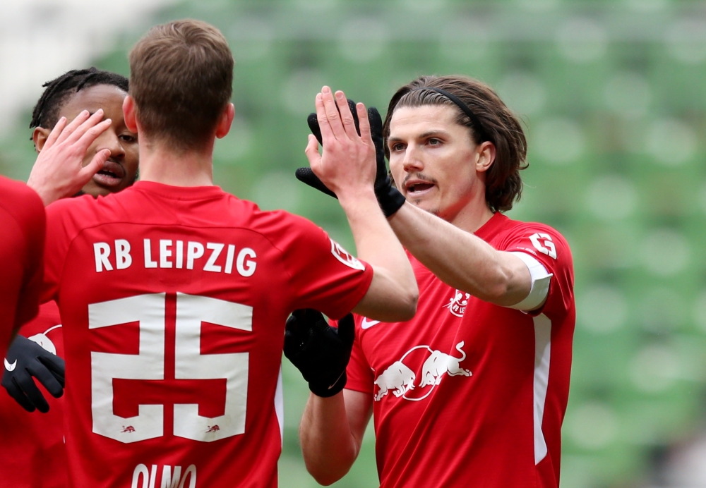 RB Leipzig's Marcel Sabitzer celebrates scoring their fourth goal Pool via REUTERS/Cathrin Mueller