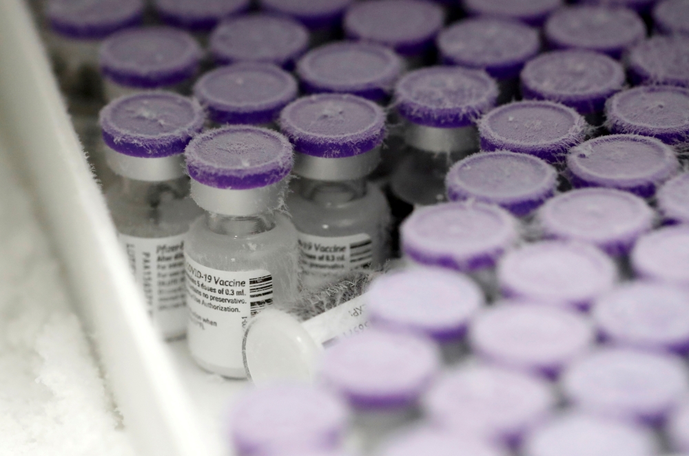 File photo: Vials of the Pfizer-BioNTech Covid-19 vaccine are seen in an ultra low temperature freezer at the hospital in Le Mans, as part of the coronavirus disease (COVID-19) vaccination campaign in France, January 14, 2021. REUTERS/Stephane Mahe/File P