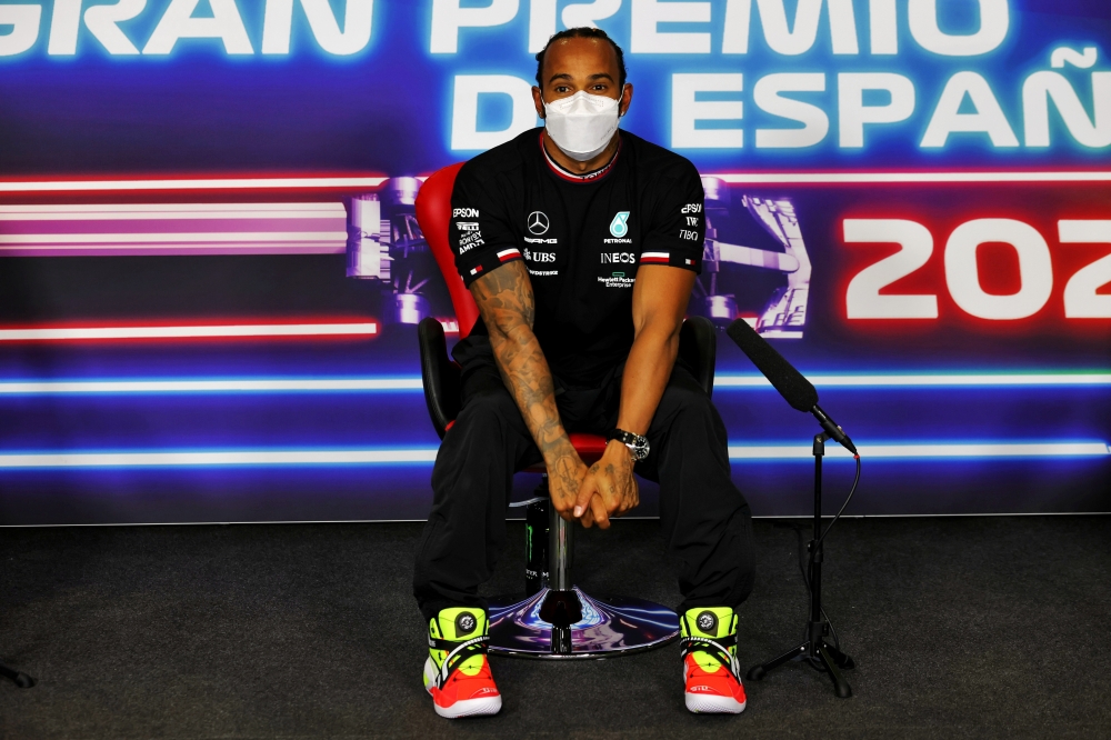 Mercedes' Lewis Hamilton during the press conference after qualifying in pole position. (FIA/Handout via Reuters)