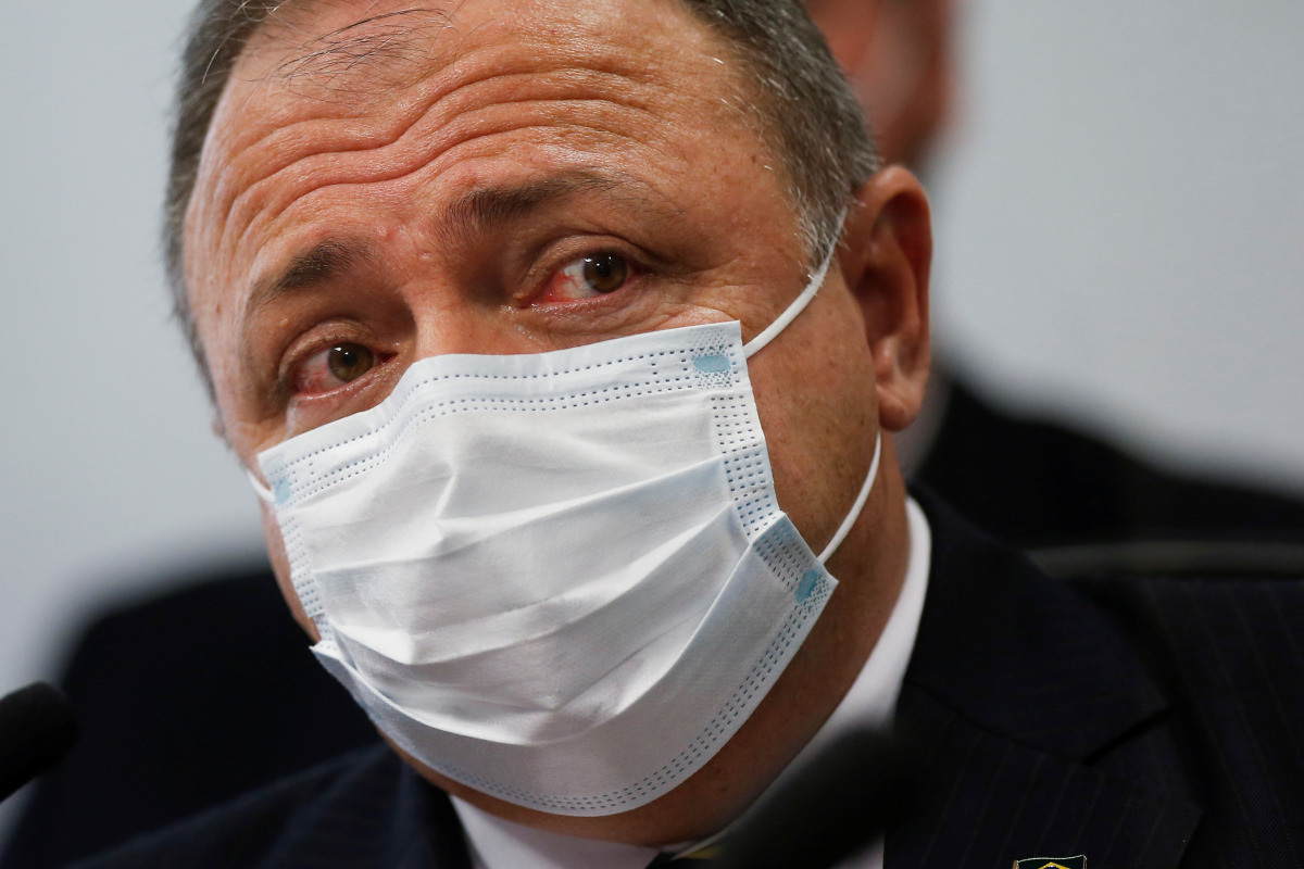 Former Brazil's Health Minister Eduardo Pazuello speaks during a meeting of the Parliamentary Inquiry Committee (CPI) to investigate government actions and management during the coronavirus disease (COVID-19) pandemic, at the Federal Senate in Brasilia, B