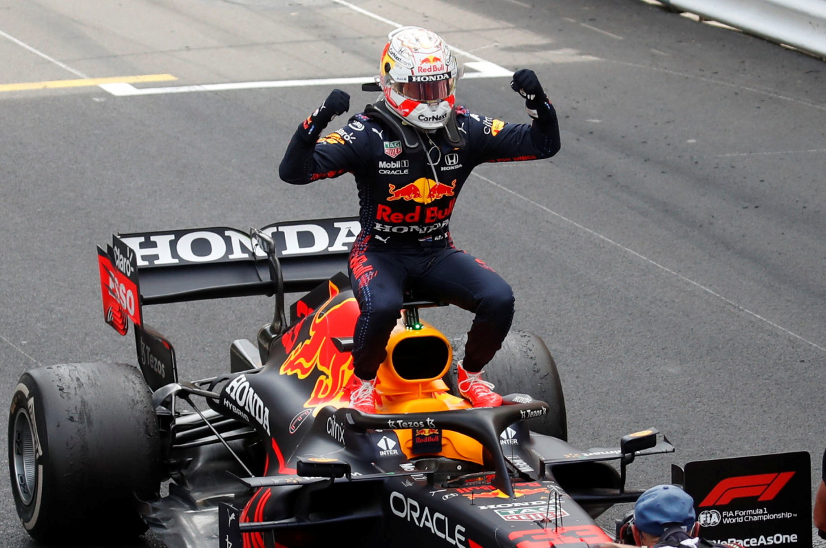 Formula One F1 - Monaco Grand Prix - Circuit de Monaco, Monte Carlo, Monaco - May 23, 2021 Red Bull's Max Verstappen celebrates winning the race Pool via REUTERS/Gonzalo Fuentes TPX IMAGES OF THE DAY
