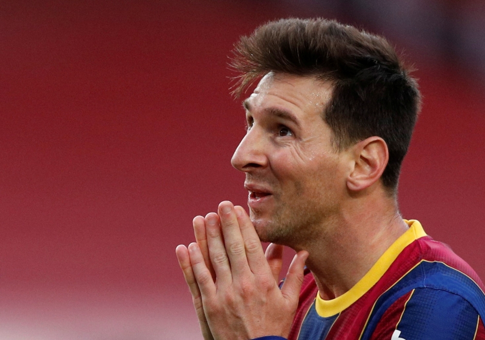 Barcelona's Lionel Messi reacts after Clement Lenglet is sent off REUTERS/Albert Gea/File Photo