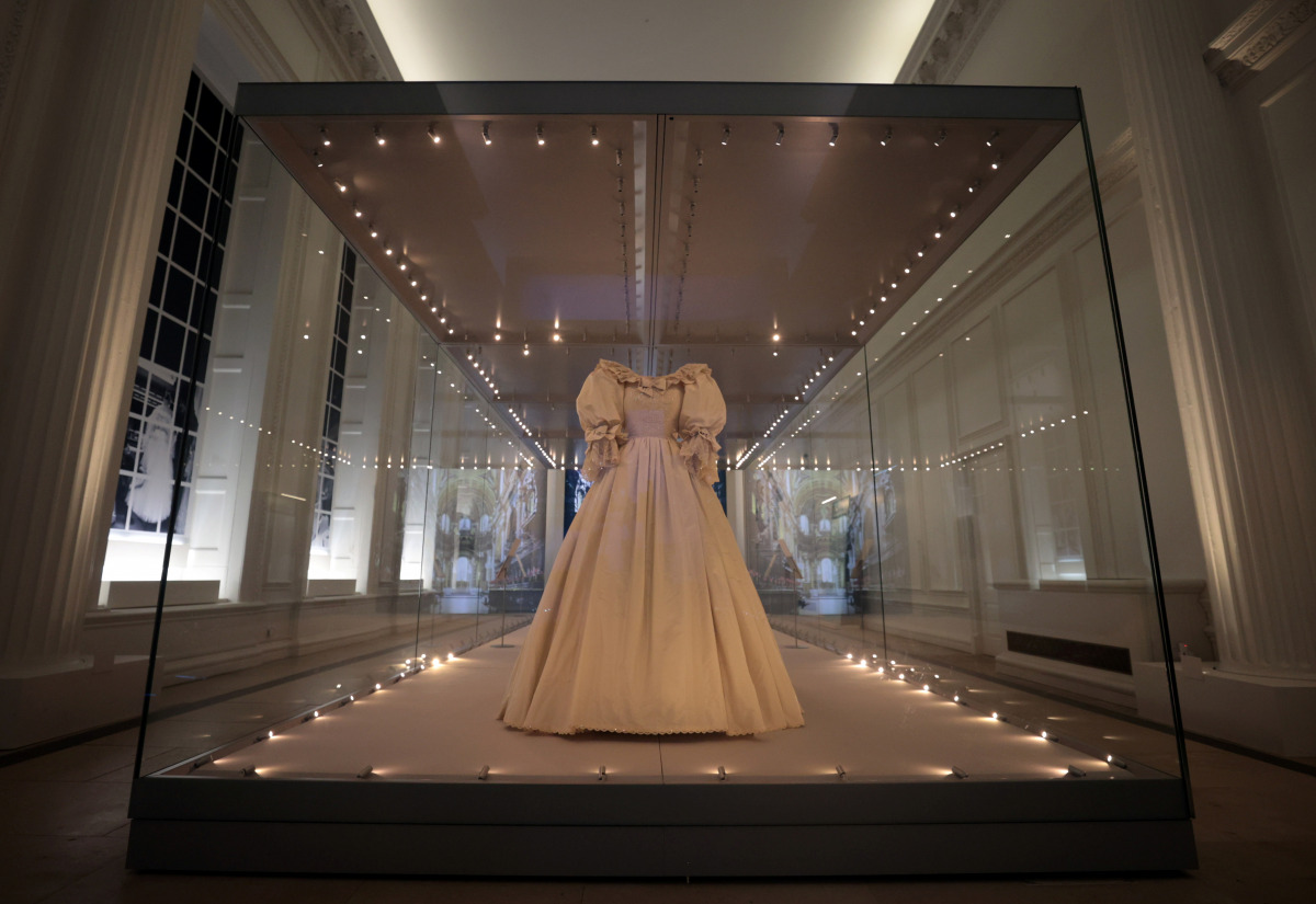 The wedding dress worn by Diana, Princess of Wales is seen on display at Kensington Palace in London, Britain, June 7, 2021. REUTERS/Hannah McKay
